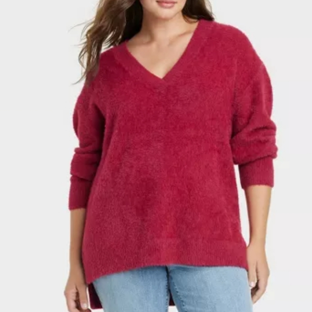 NWT Ava & Viv Red Majenta Fuzzy V Neck Sweater Size 1X